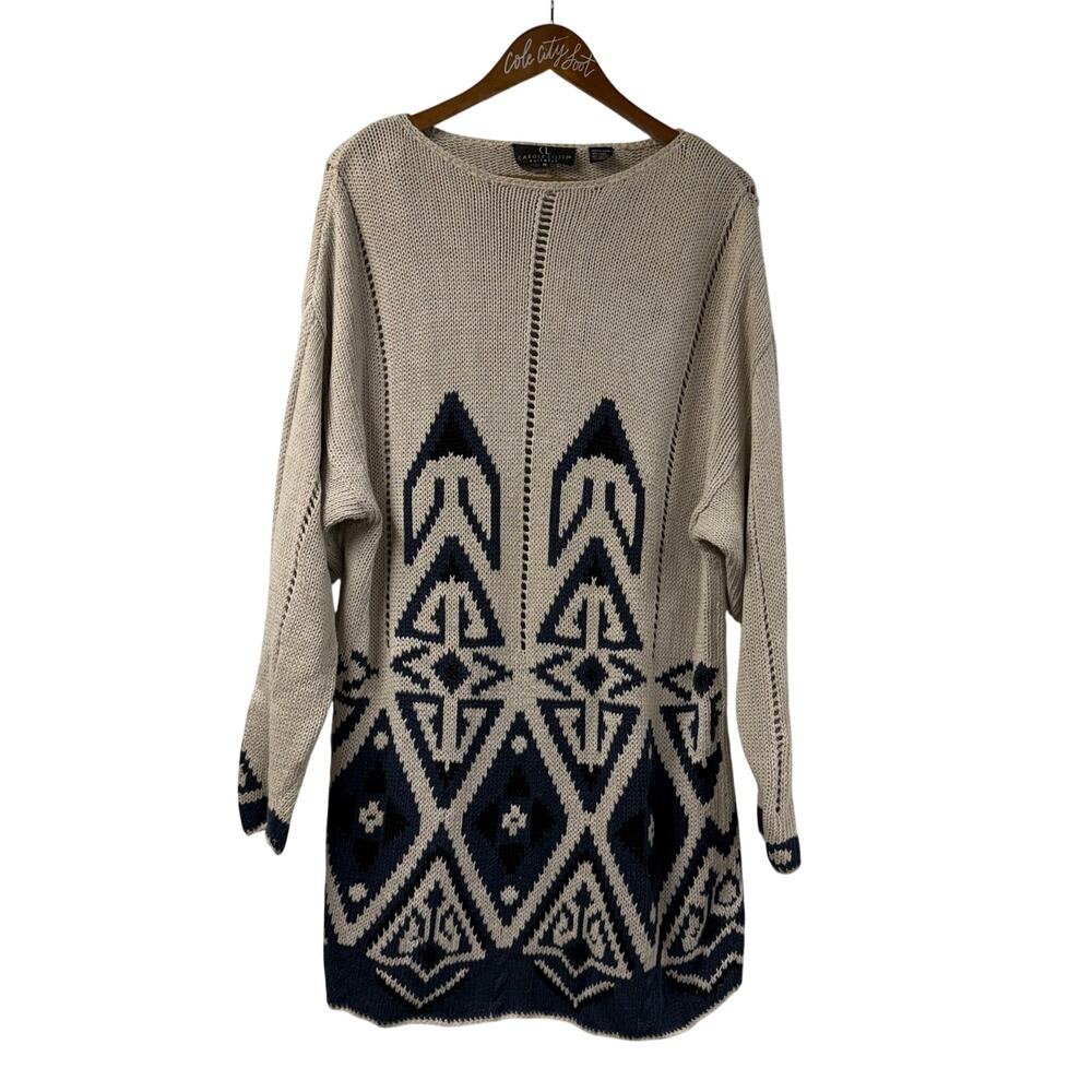 Carole Little Knitwear Mini Sweater Dress Tan Blue Vintage Medium Tunic Knitted